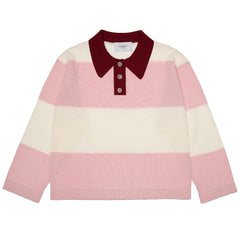 Paade Mode Beau Merino Wool Polo Shirt in soft pink and cream stripes with a contrast burgundy collar and button placket.