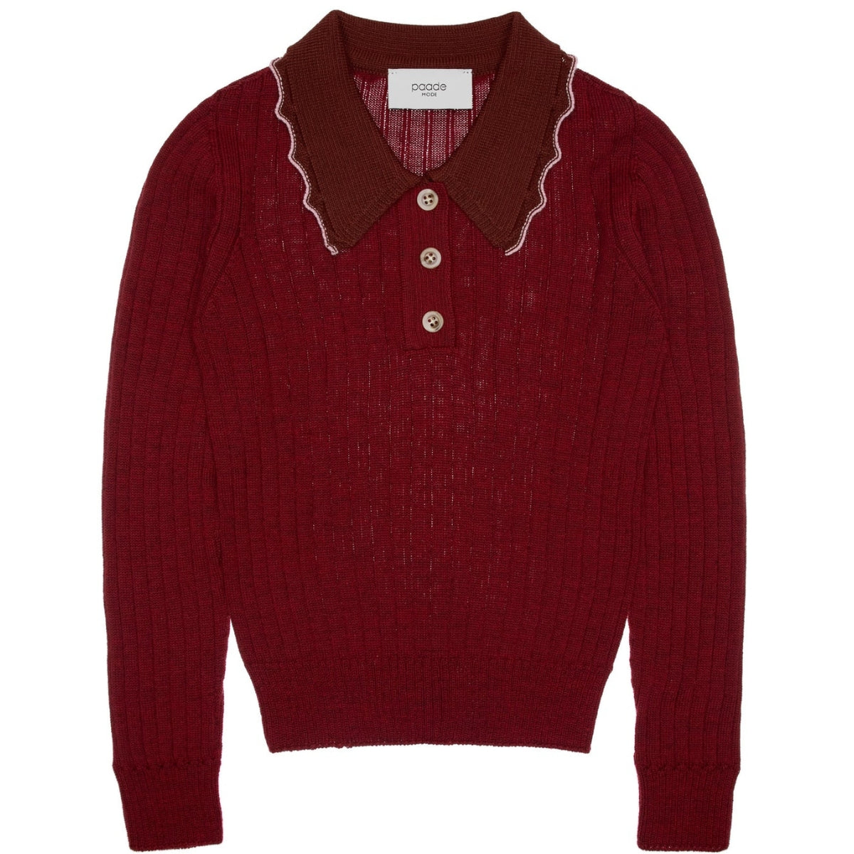 Paade Mode Harriet Merino Wool Polo Shirt Lace in ruby red with a contrast chocolate brown ruffled lace polo collar.