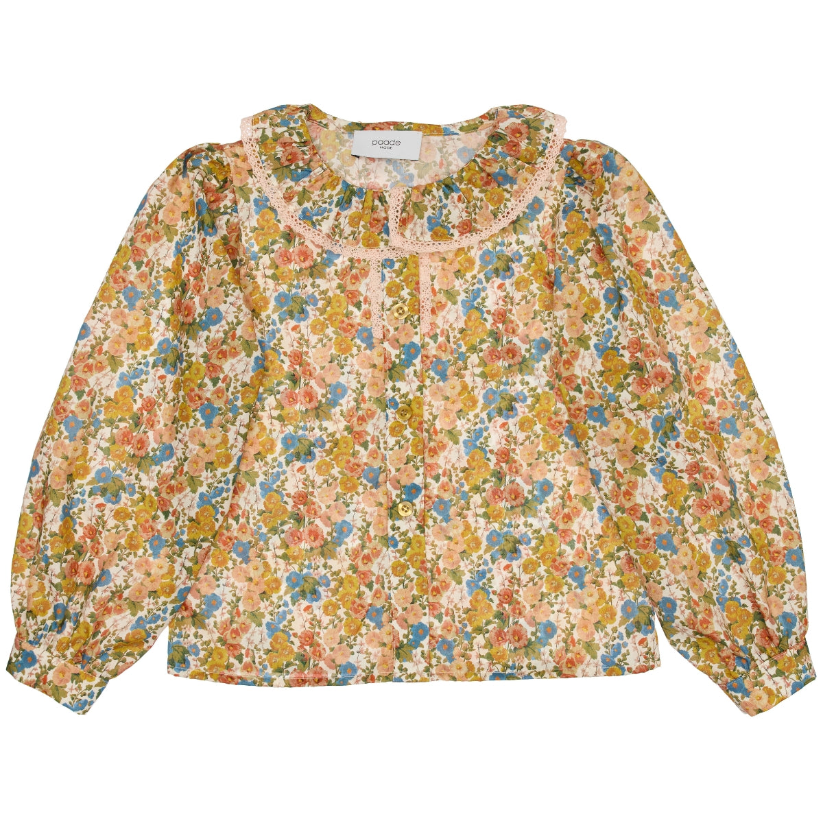 Paade Mode Alice Cotton Blouse With Frill Collar featuring a mustard floral print, frilled neck, and gathered sleeves.