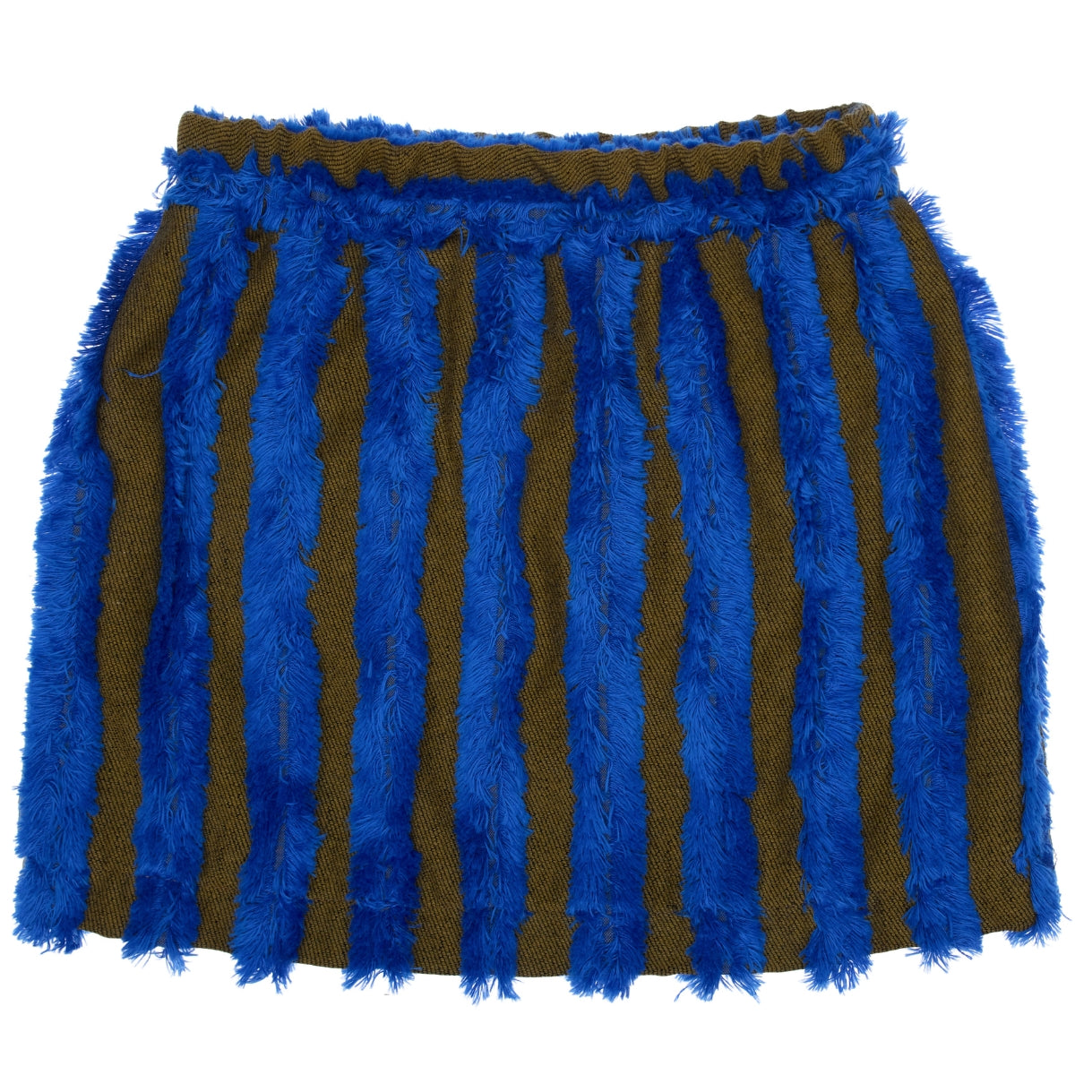 Paade Mode Max Cotton Fringe Mini Skirt featuring luminous blue and olive green vertical stripes and hem fringe detail.