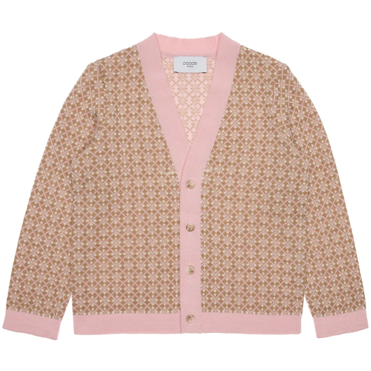 Paade Mode Morgan Merino Wool Cardigan featuring a beige and pink geometric jacquard knit, V-neckline, and pink ribbed trim.