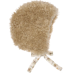 Paade Mode Teddy Faux Fur Hat in plush beige faux fur featuring a floral cotton lining and matching floral ribbon ties.