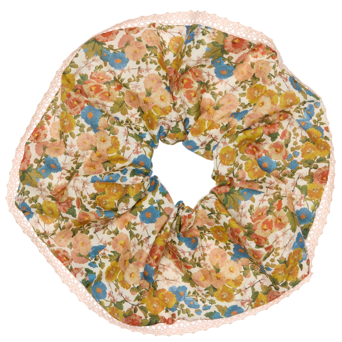 Paade Mode Alice Cotton Scrunchy featuring a mustard botanical floral print and delicate soft pink lace edge trim.