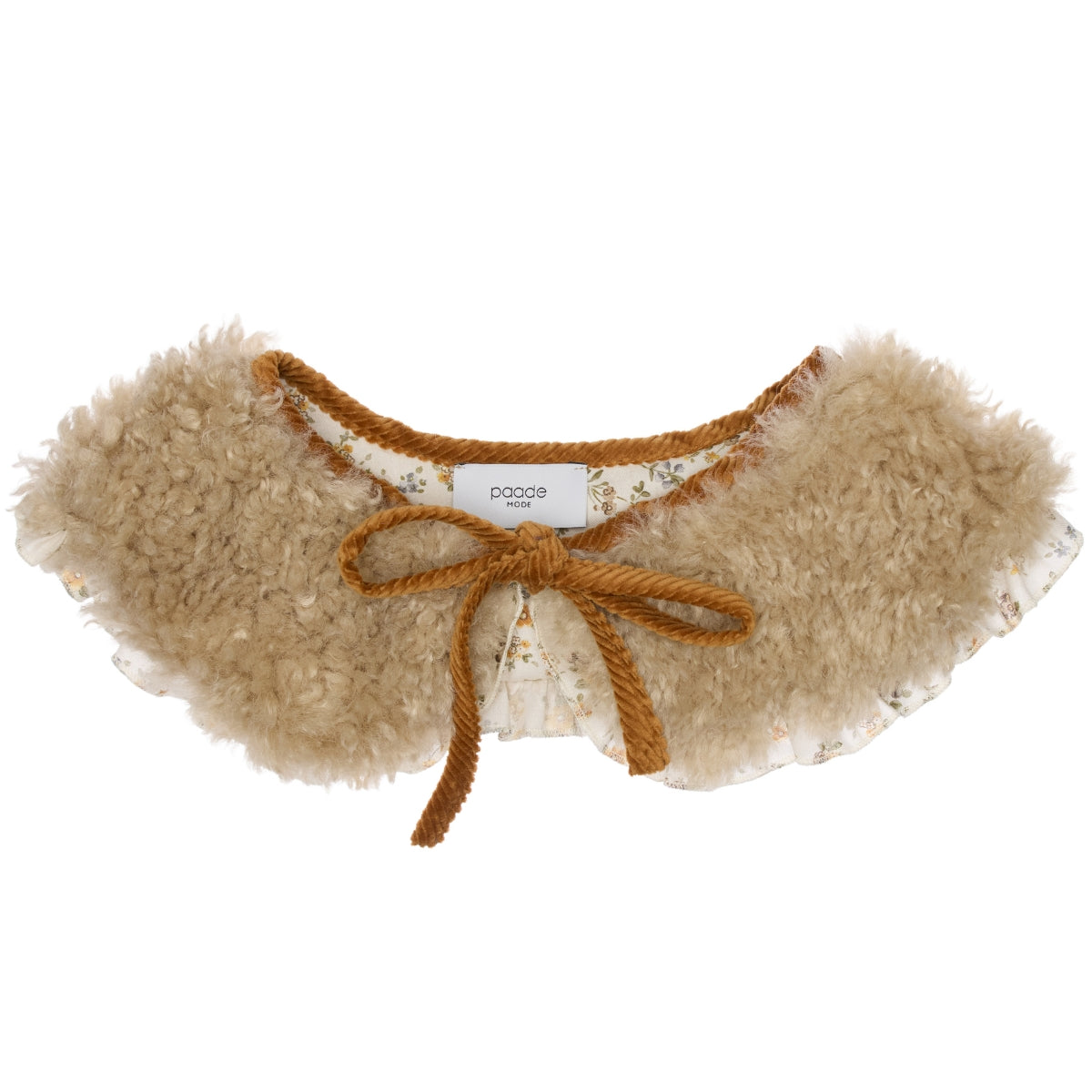 Paade Mode Teddy Faux Fur Collar in warm beige plush faux fur featuring caramel trim and matching front ribbon ties.