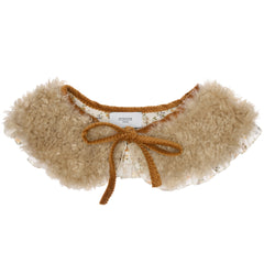 Paade Mode Teddy Faux Fur Collar in warm beige plush faux fur featuring caramel trim and matching front ribbon ties.
