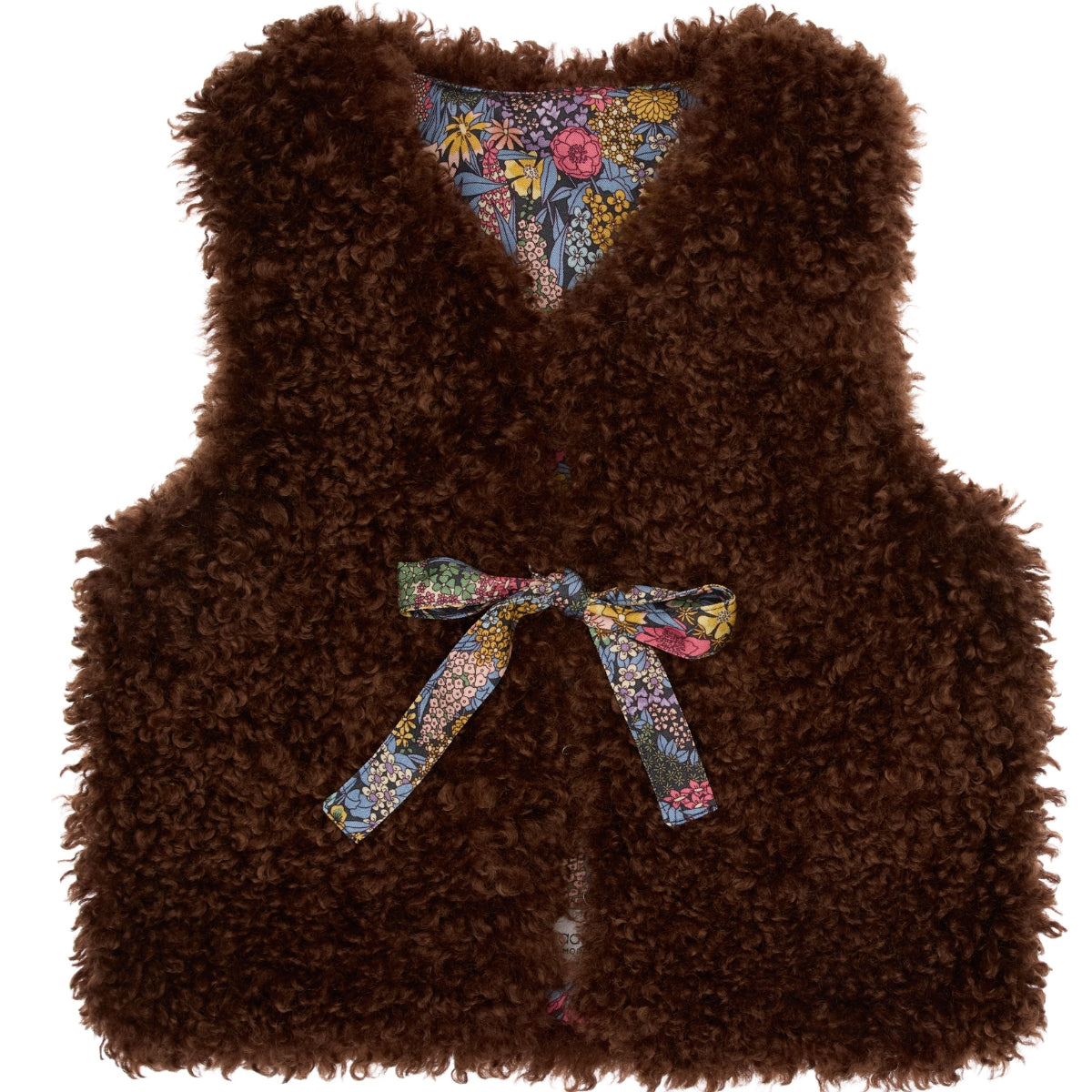 Paade Mode Pooh Faux Fur Vest in rich chocolate brown featuring a front bow closure and a colorful floral viscose lining.