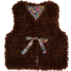 Paade Mode Pooh Faux Fur Vest in rich chocolate brown featuring a front bow closure and a colorful floral viscose lining.