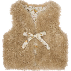 Paade Mode Teddy Faux Fur Vest in soft beige with a front bow closure and a cream floral patterned cotton lining.
