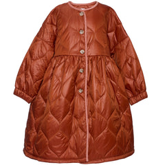 Paade Mode Felix Puffer Coat in caramel quilted fabric featuring corduroy trim, a gathered waist, and button front.