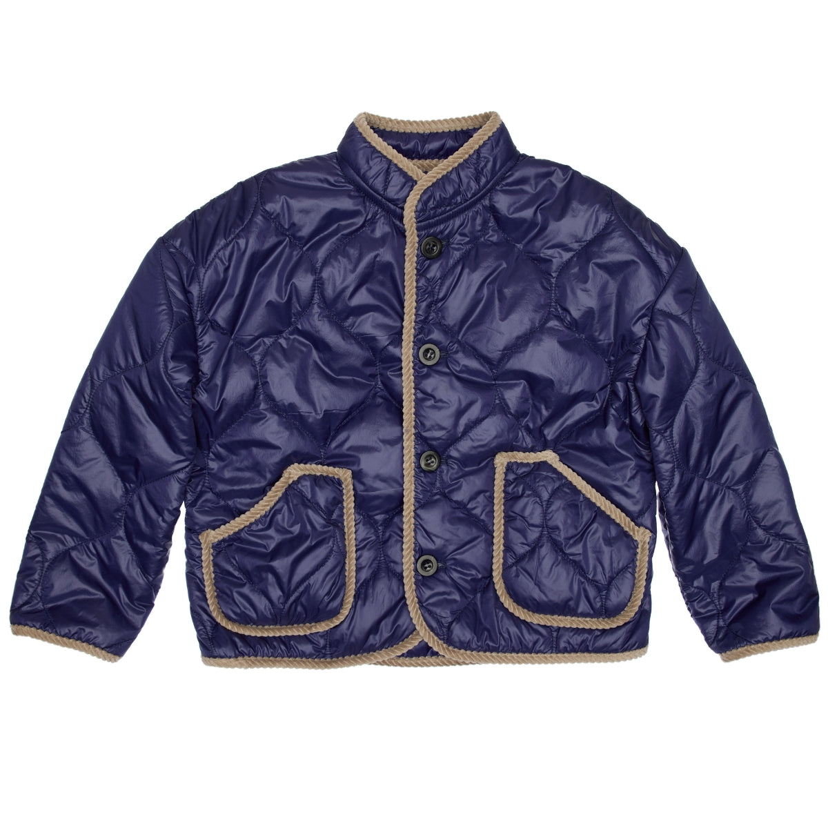 Paade Mode Felix Puffer Jacket in luminous blue quilted fabric featuring corduroy trim, patch pockets, and button front.