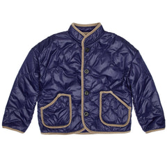 Paade Mode Felix Puffer Jacket in luminous blue quilted fabric featuring corduroy trim, patch pockets, and button front.