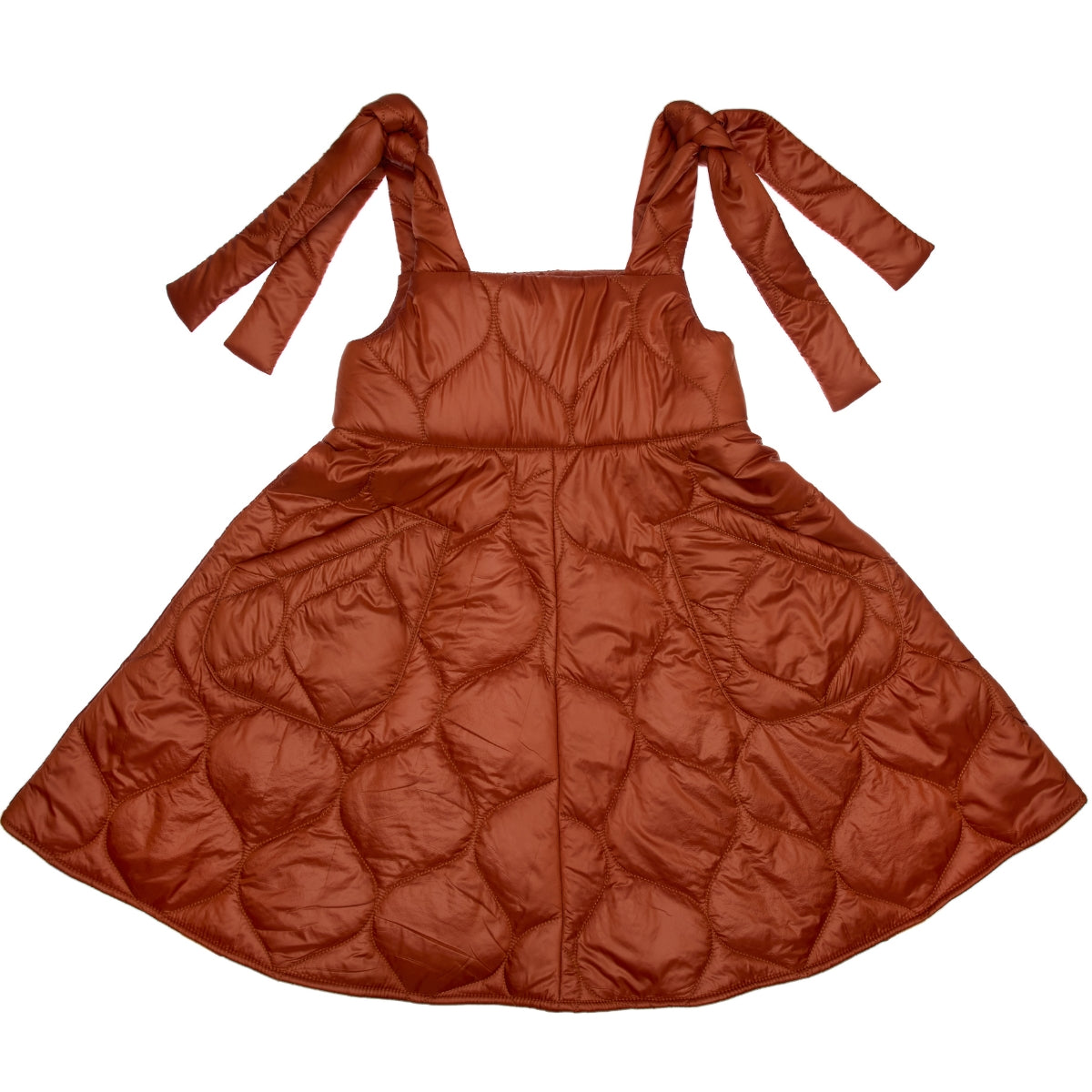Paade Mode Felix Puffer Pinafore Dress in caramel quilted fabric featuring adjustable shoulder bow ties and patch pockets.