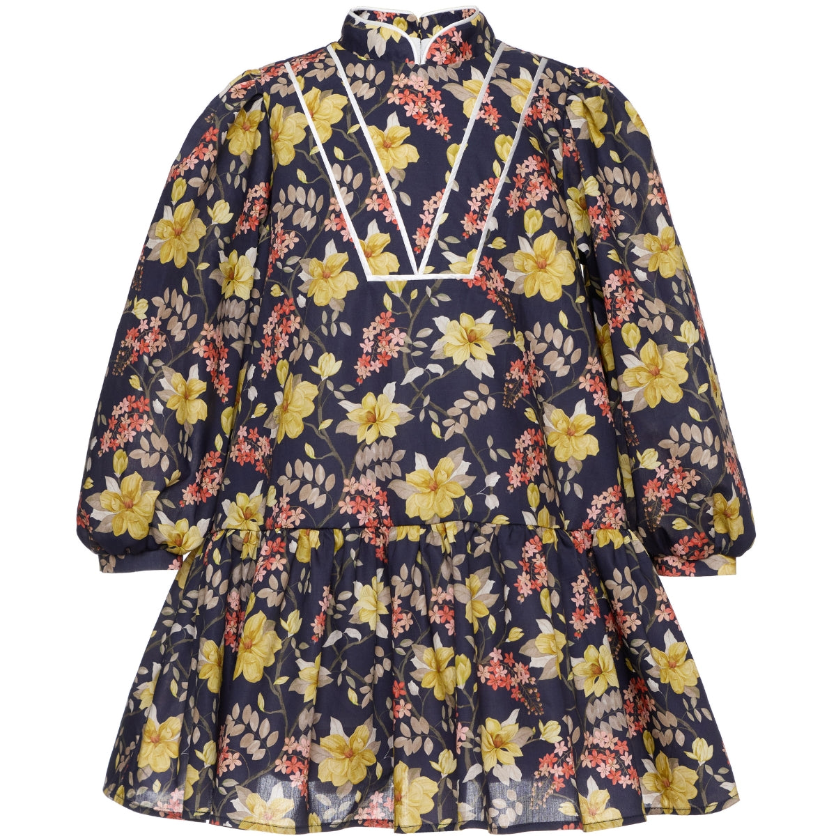 Paade Mode Lottie Cotton Dress With Stand-up Collar featuring a navy floral print, ruffled neck, and gathered waist.