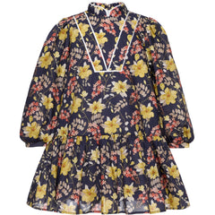 Paade Mode Lottie Cotton Dress With Stand-up Collar featuring a navy floral print, ruffled neck, and gathered waist.