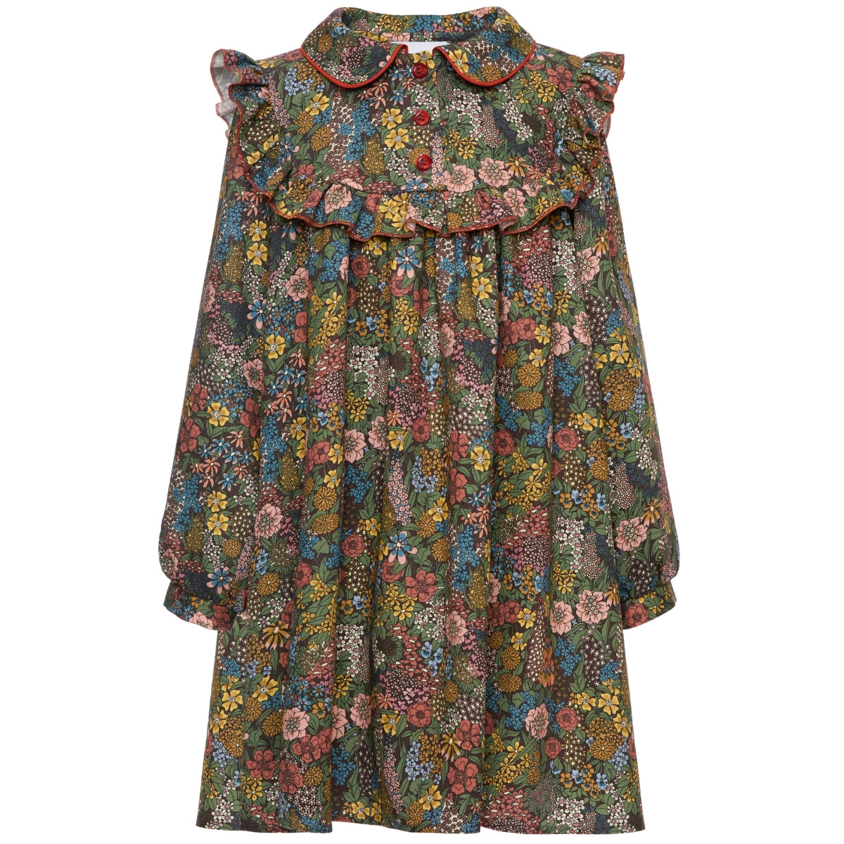 Paade Mode Penelope Viscose Dress With Collar in green floral print featuring a scalloped collar and red button front.