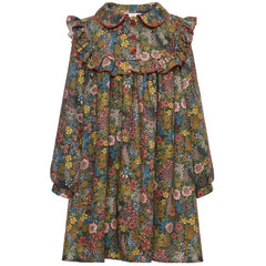 Paade Mode Penelope Viscose Dress With Collar in green floral print featuring a scalloped collar and red button front.