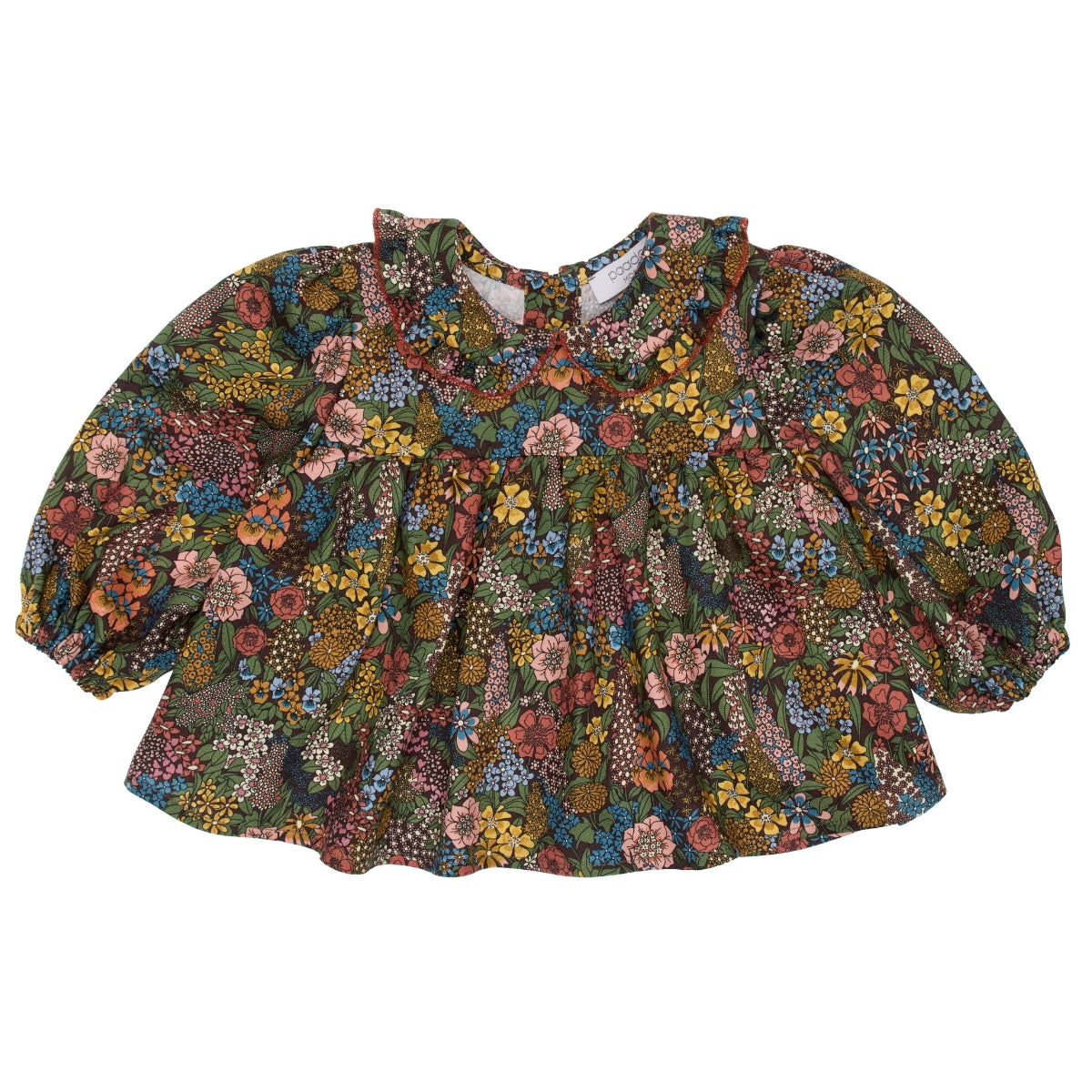 Paade Mode Penelope Baby Blouse Viscose in green floral print featuring a ruffled tie collar and gathered puff sleeves.