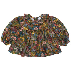 Paade Mode Penelope Baby Blouse Viscose in green floral print featuring a ruffled tie collar and gathered puff sleeves.