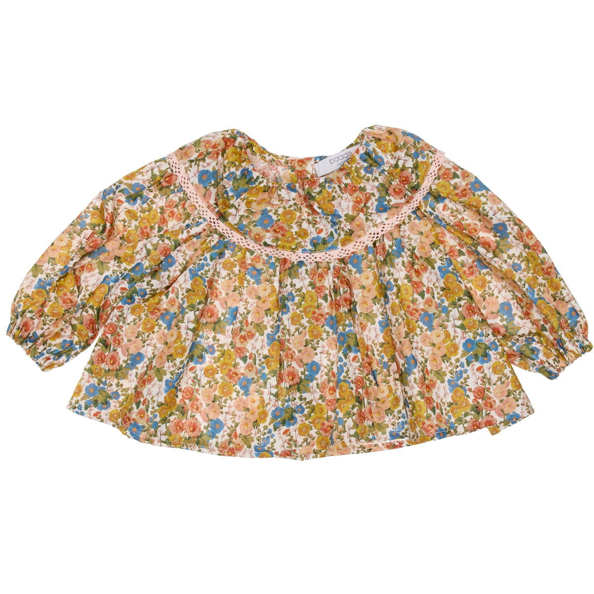 Paade Mode Alice Baby Blouse Cotton in mustard floral print featuring a pink lace-trimmed round neckline and puff sleeves.