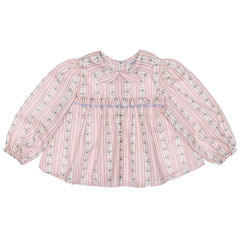 Paade Mode Coco Baby Blouse Cotton in pink floral stripes with light blue smocking, a ruffled collar, and neck bow tie.