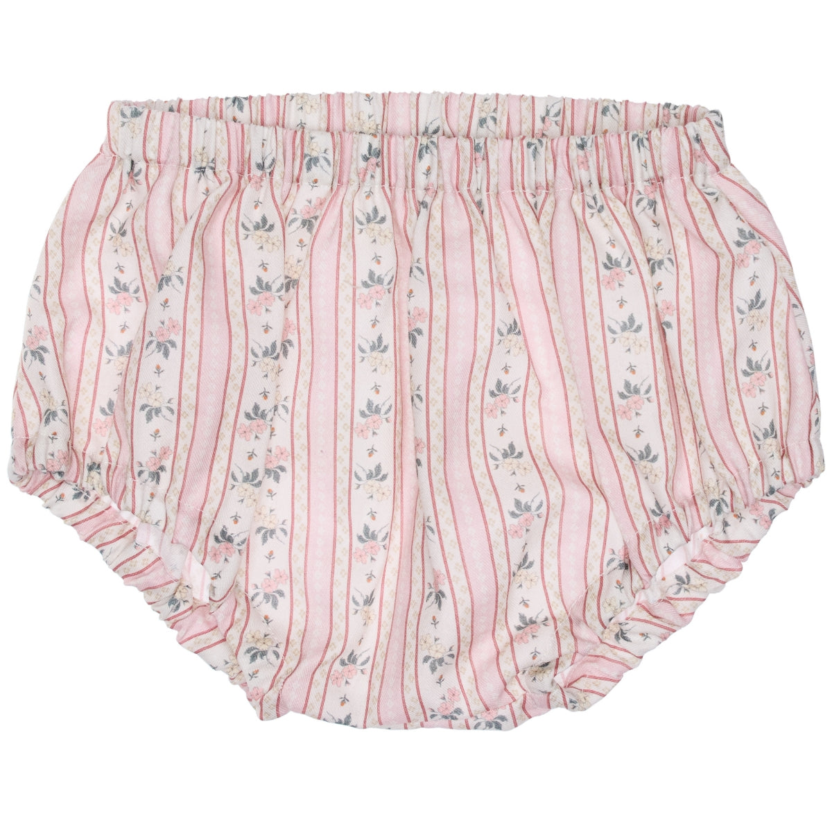 Paade Mode Coco Baby Bloomers Cotton in pink floral stripes featuring an elastic waistband and ruffled elastic leg openings.