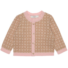 Paade Mode Morgan Merino Wool Baby Cardigan in cream and caramel jacquard knit featuring soft pink contrast ribbed trims.
