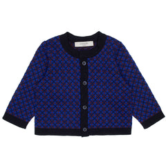 Paade Mode Morgan Merino Wool Baby Cardigan in blue and burgundy jacquard knit featuring dark navy contrast ribbed trims.