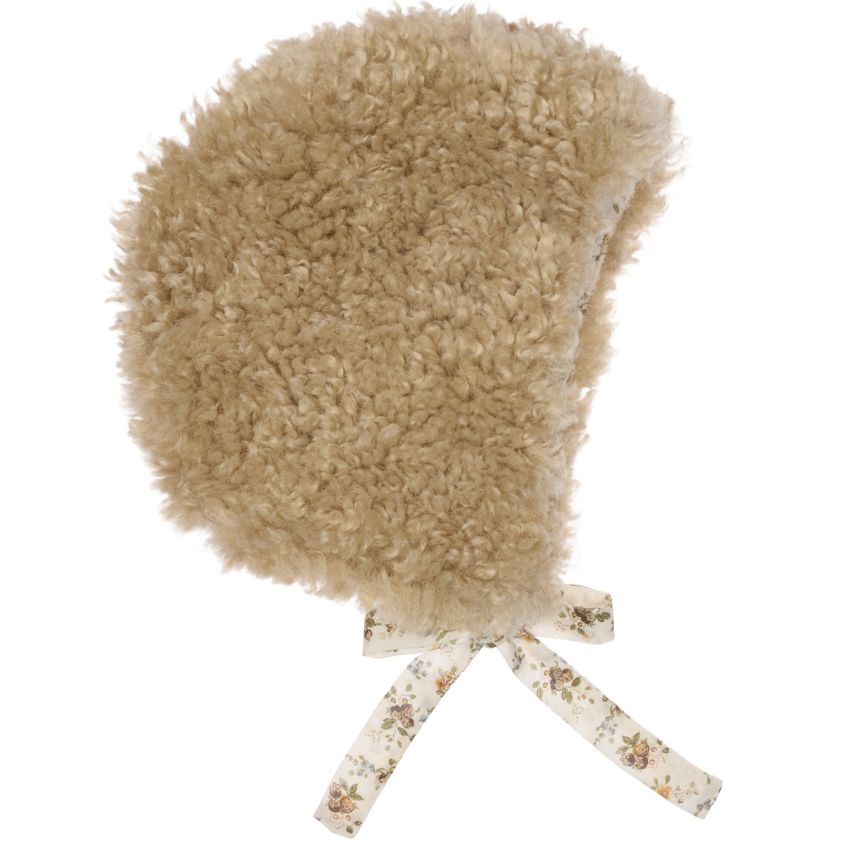Paade Mode Teddy Faux Fur Baby Hat in plush beige faux fur with floral print cotton lining and matching chin tie straps.