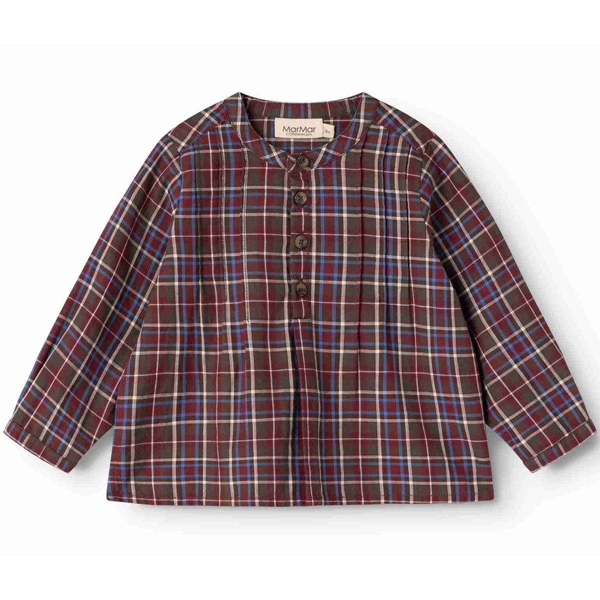 MarMar Copenhagen Totoro Shirt with brown, red, and blue plaid pattern, long sleeves, and button-front design