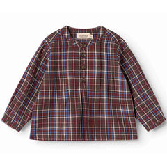 MarMar Copenhagen Totoro Shirt with brown, red, and blue plaid pattern, long sleeves, and button-front design