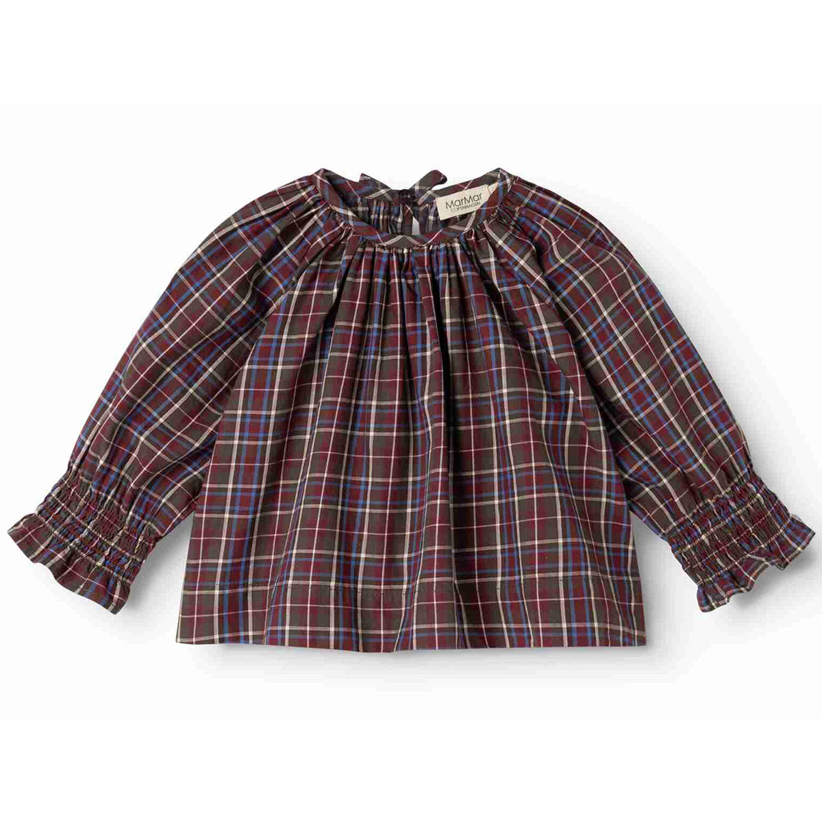 MarMar Copenhagen Tonala Blouse in red and blue plaid with smocked bodice, ruffled cuffs, and long sleeves