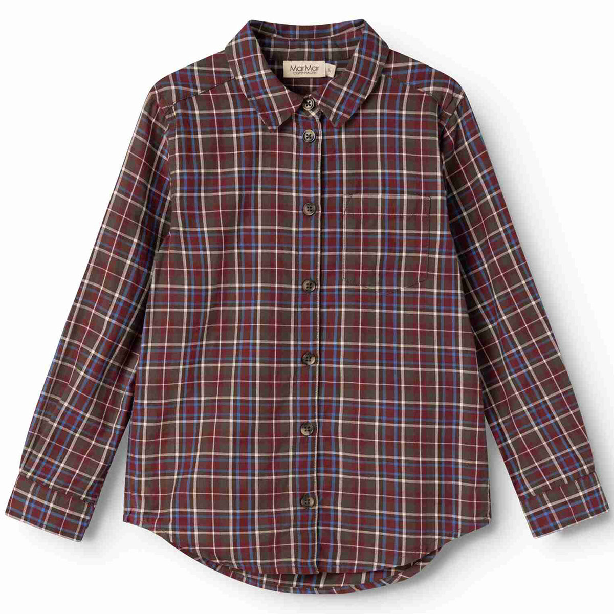 MarMar Copenhagen Tommy Shirt in burgundy and blue plaid with long sleeves and button-front design