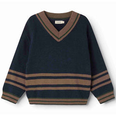 MarMar Copenhagen Tenoa Knit Sweater in navy with striped V-neck, cuffs, hem, and horizontal stripe details