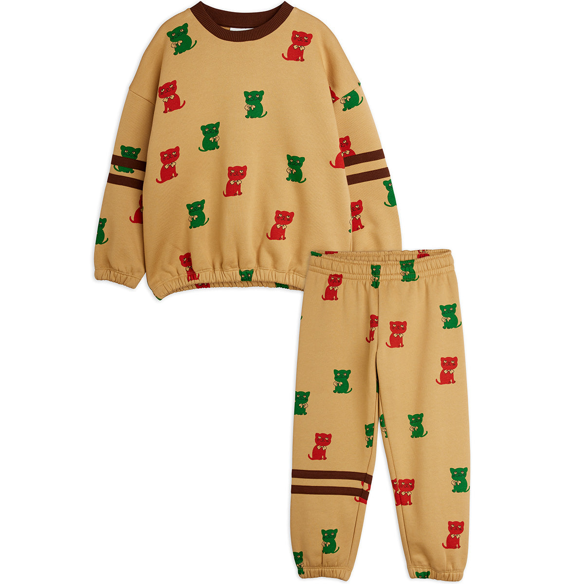 The Kittens Striped Sweat Set from Mini Rodini featuring a striped two-piece pullover and pant outfit with ribbed trims.