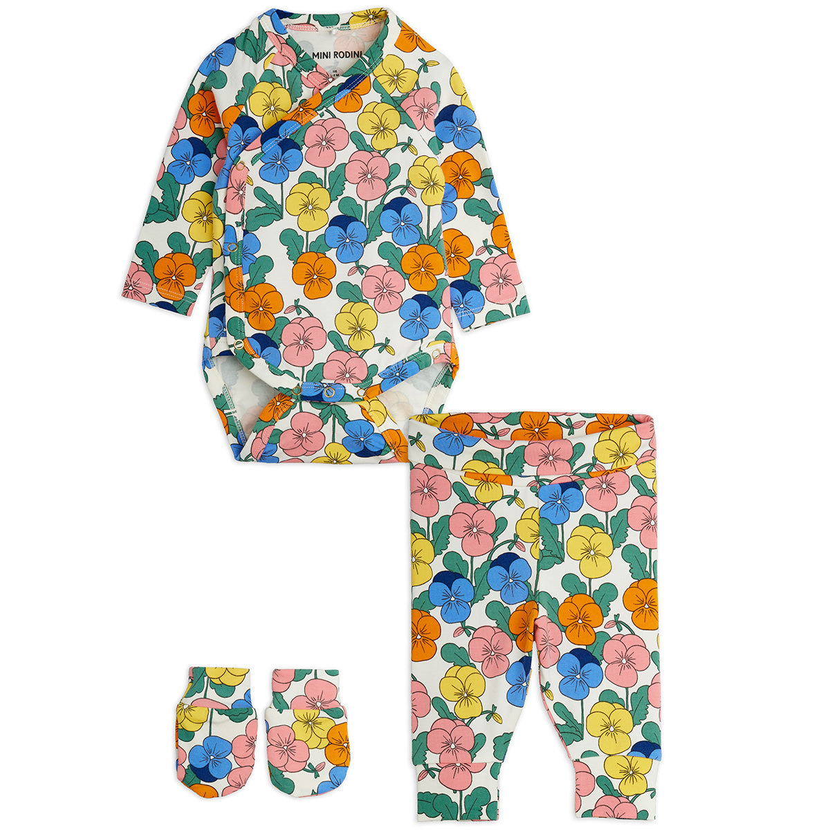 Violas Baby Kit by Mini Rodini with all over floral print wrap bodysuit, pants and mittens.