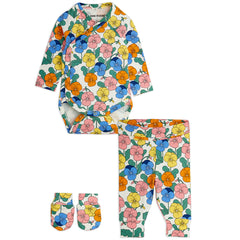 Violas Baby Kit by Mini Rodini with all over floral print wrap bodysuit, pants and mittens.