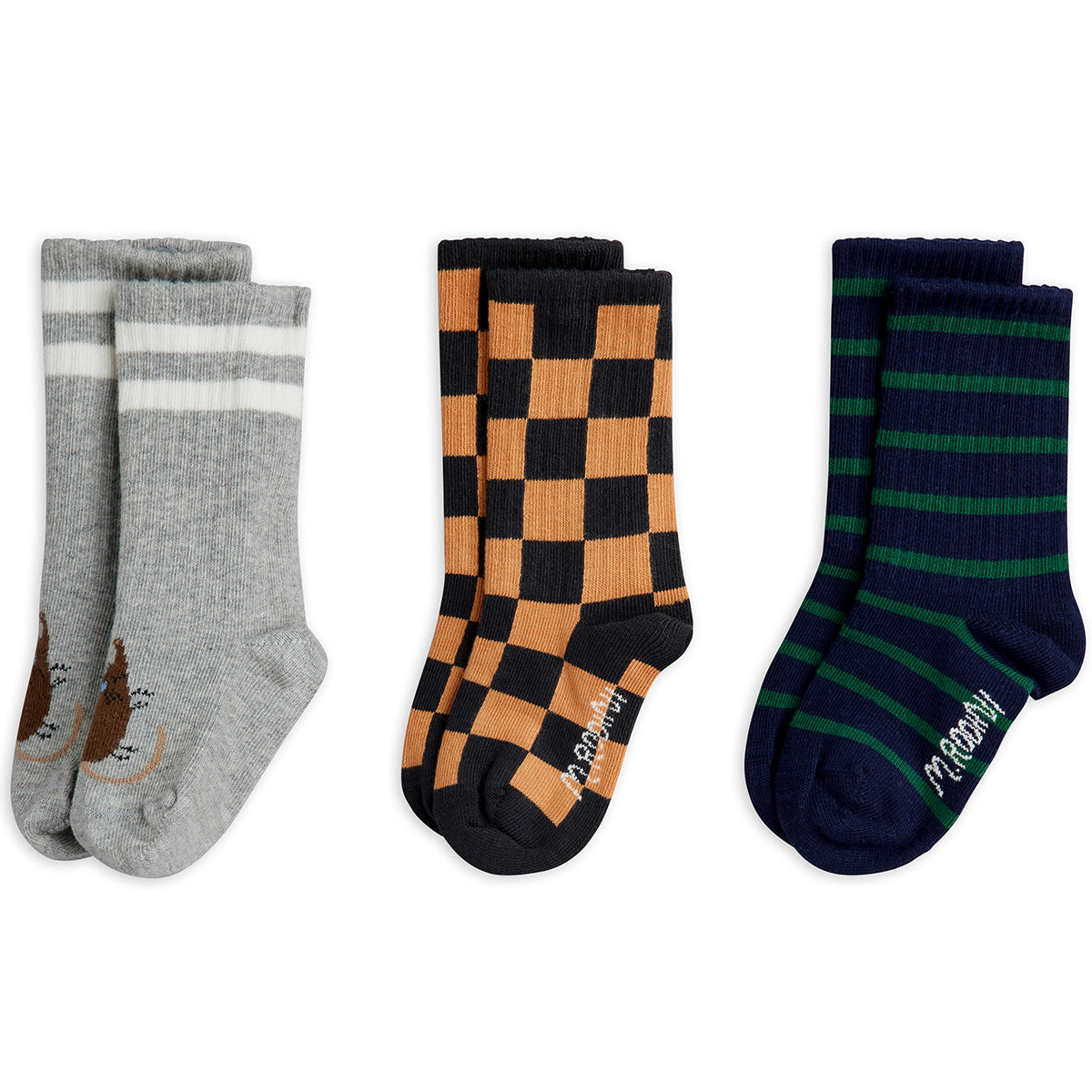 Mini Rodini The Chess Check 3-Pack Socks organic cotton with check, stripe and animal motifs