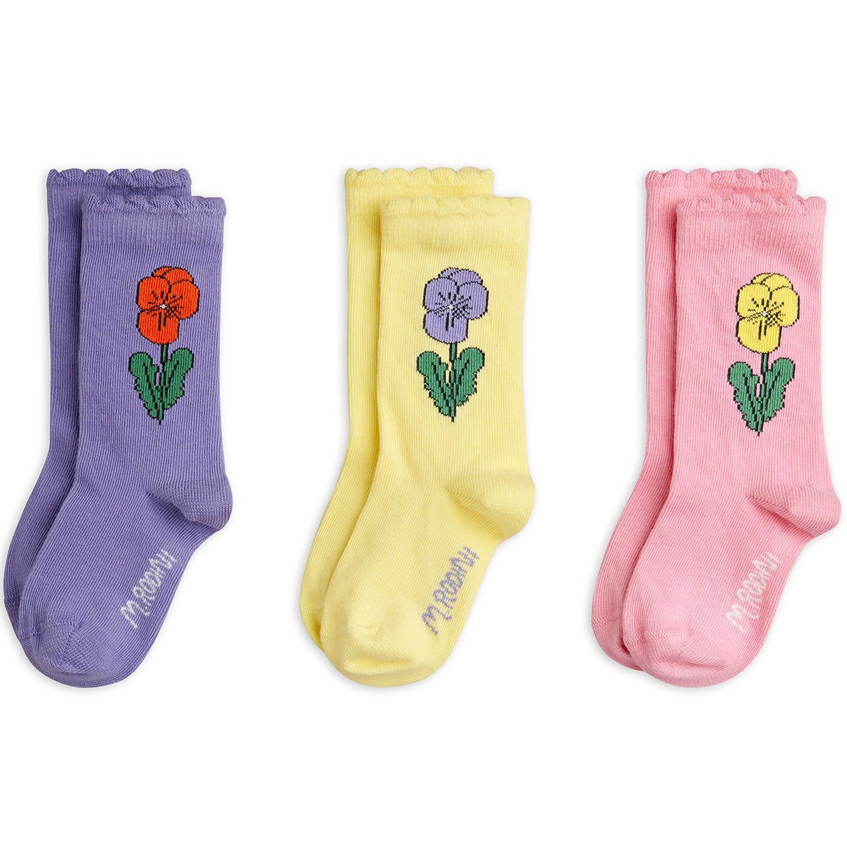 Violas 3 Pack Socks by Mini Rodini with Viola flower intarsia and scalloped edges.