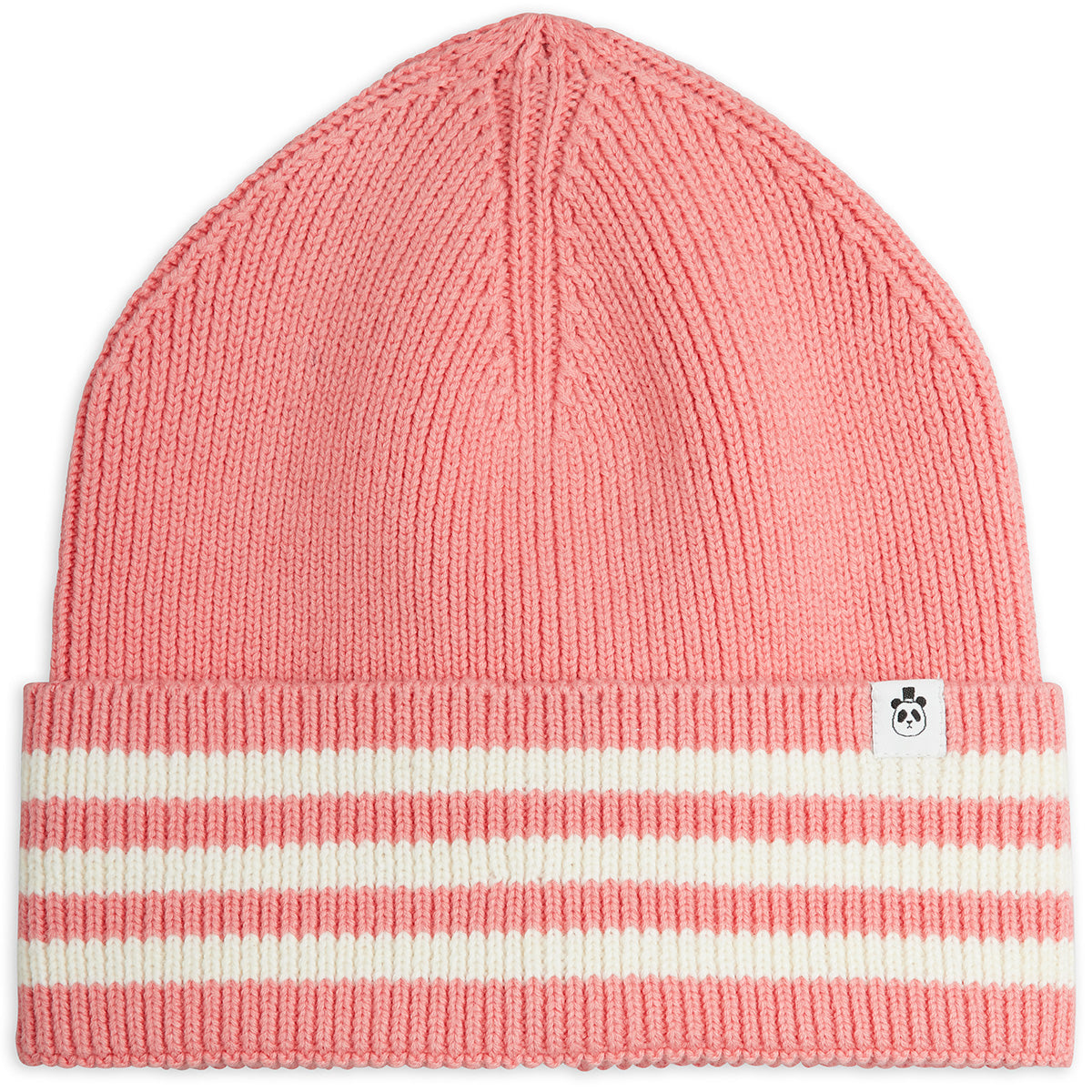 Mini Rodini The Knitted Wool Blend Beanie with folded brim, striped detail and panda label