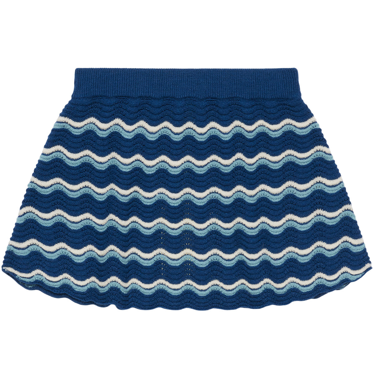 The Pointelle Skirt from FUB featuring a wavy pointelle knit pattern, striped design, and classic A-line silhouette.