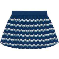 The Pointelle Skirt from FUB featuring a wavy pointelle knit pattern, striped design, and classic A-line silhouette.