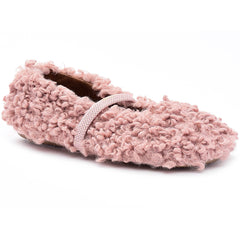The Joda Rose Shoes from Pepe. Soft pink Mary Jane–style shoes covered in curly, boucle-like textured fabric.