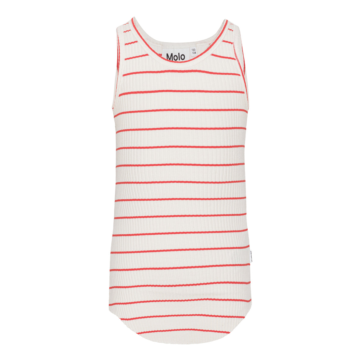 The Roberta Top from Molo. White tank top with red stripes in a soft, organic cotton in a stretchy rib knit.