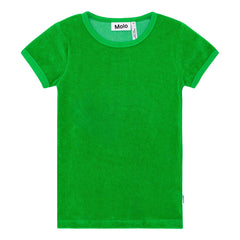 The Raquel Tee from Molo. Snug, green t-shirt in cotton terry with an edge tape around the neck and sleeves