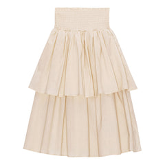 The Brenna Skirt from Molo. Sand colored, long skirt with a wide, smocked yoke