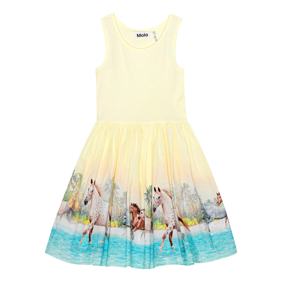 The Cassandra Dress from Molo. Pastel yellow strap dress swith a circular skirt in organic cotton
