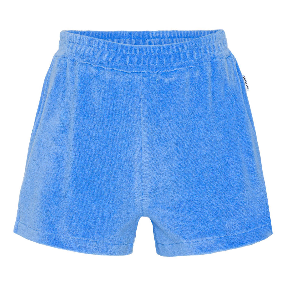 The Angel Shorts from Molo. Sporty, blue shorts in soft cotton terry. They are in a loose fit, have side pockets