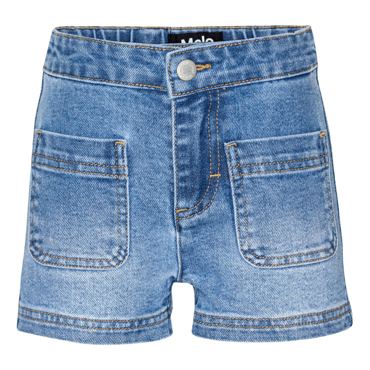 The Amanda Denim Shorts from Molo. Blue denim shorts with patch pockets on the front. They have a snap and zip closure