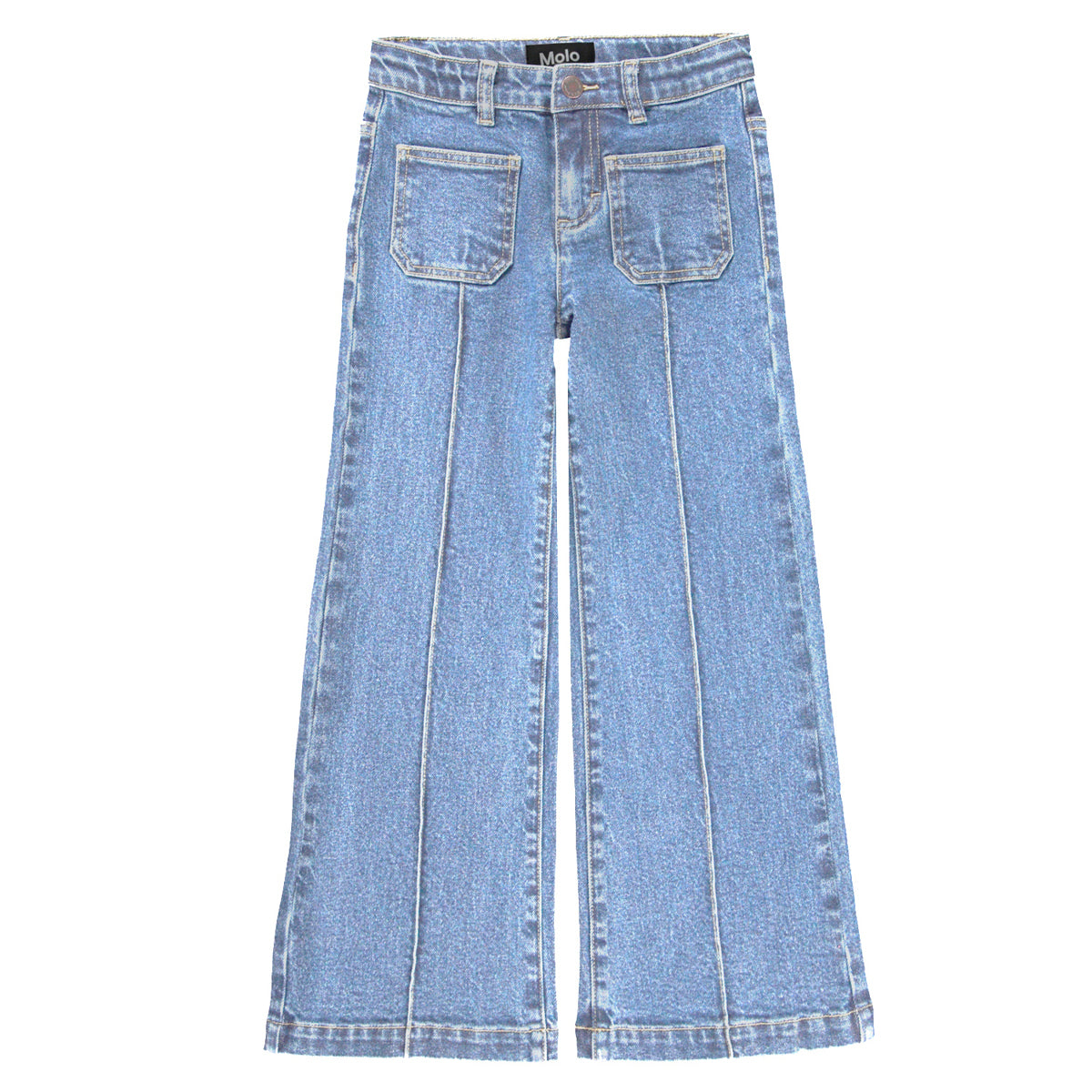 The Adina Denim Pants from Molo. Blue, 70's flared leg jeans with a stitched press fold. 