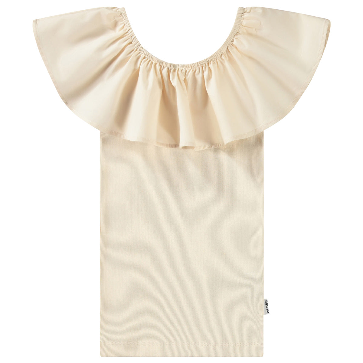 The Reca Top from Molo. Sand colored, sleeveless, off-the-shoulder top in soft, organic cotton with stretch.